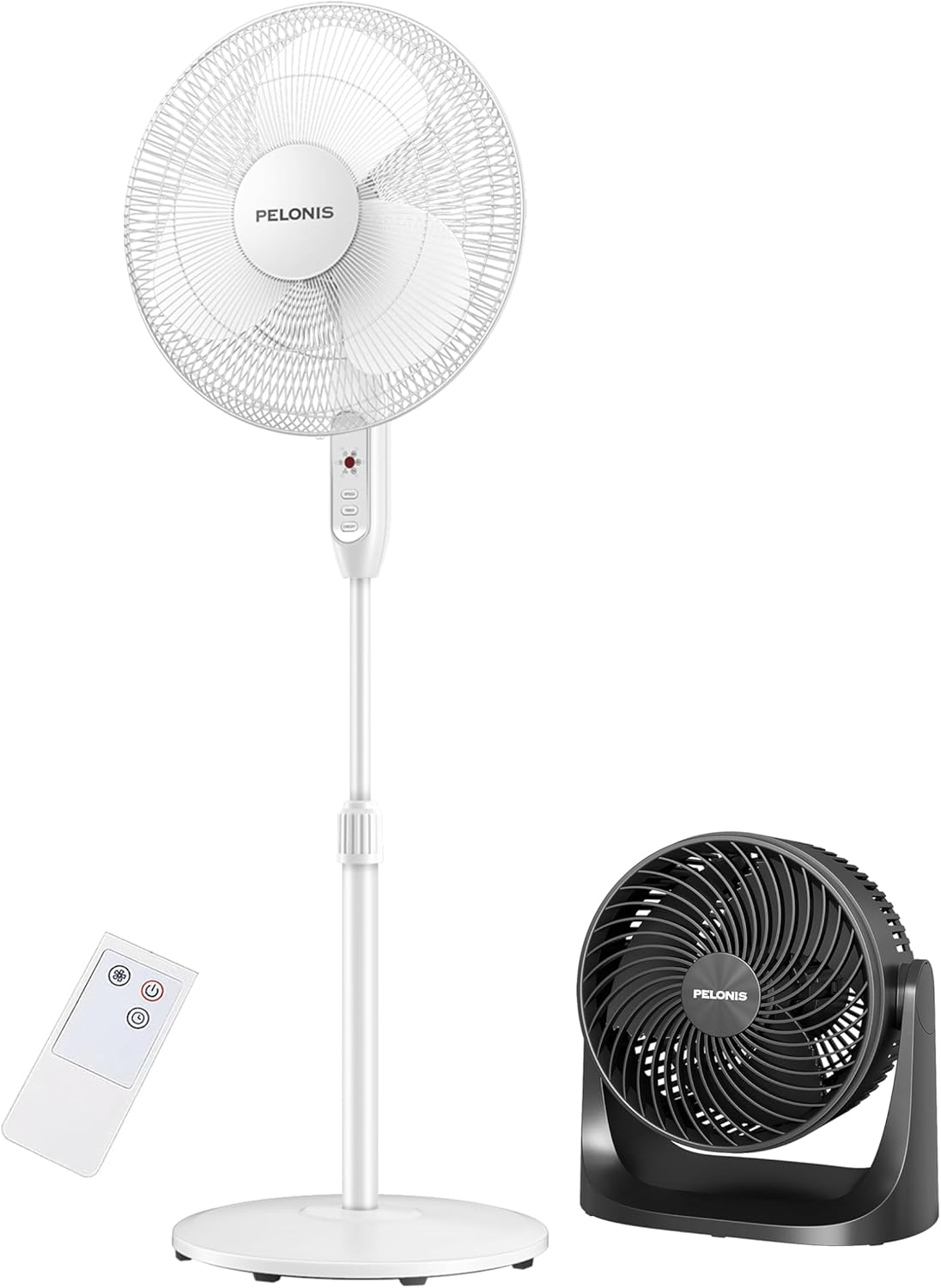 PELONIS 16'' Pedestal Fan & 7'' Table Fan Bundle - Remote, Adjustable, 3-Speed, Timer, Black