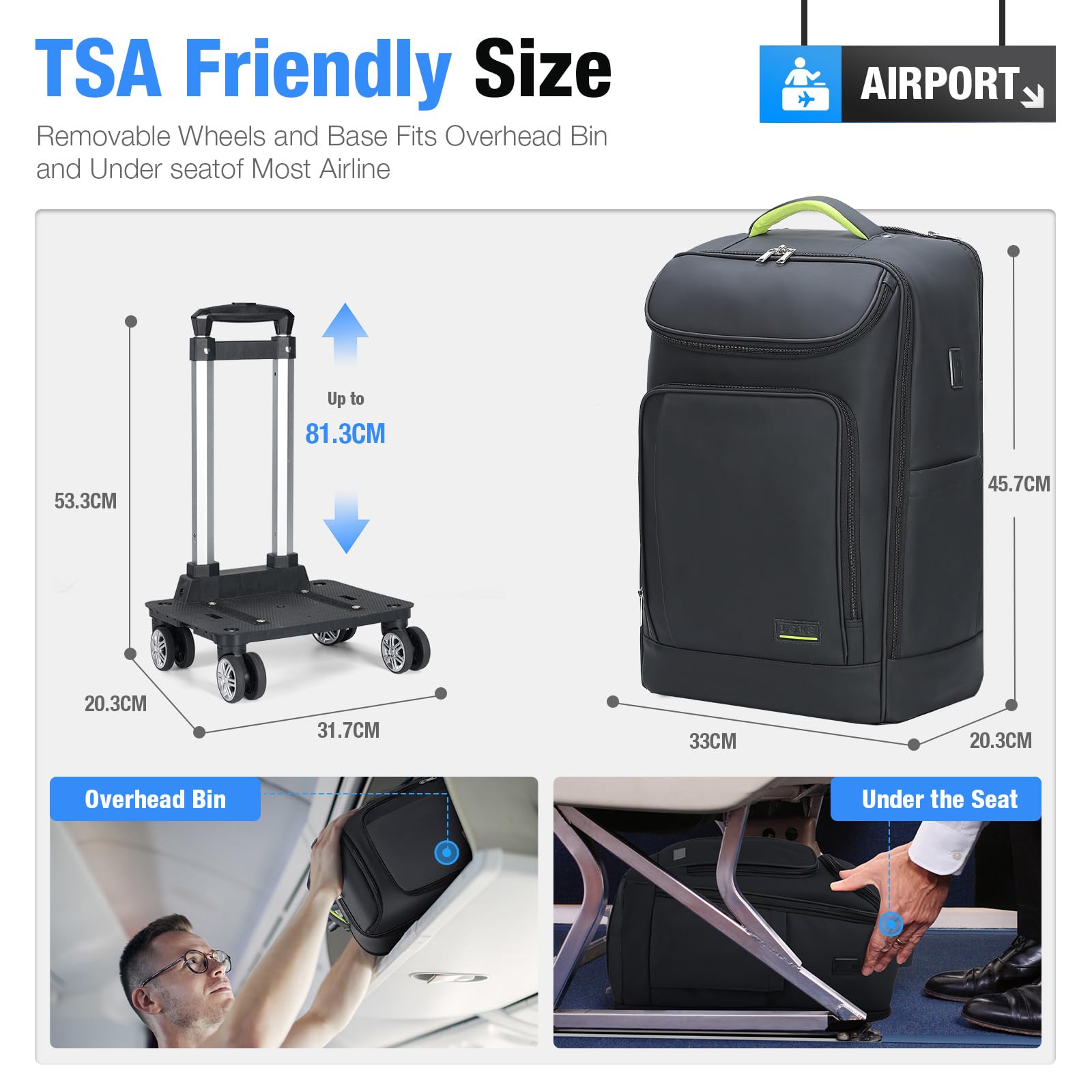 Trolley Sac à Dos en Cuir pour Hommes avec Roues Amovibles, Sac à Dos de Voyage Étanche pour Ordinateur Portable 17,3 Pouces, Sac à Main à Équipage Agréé - Noir
