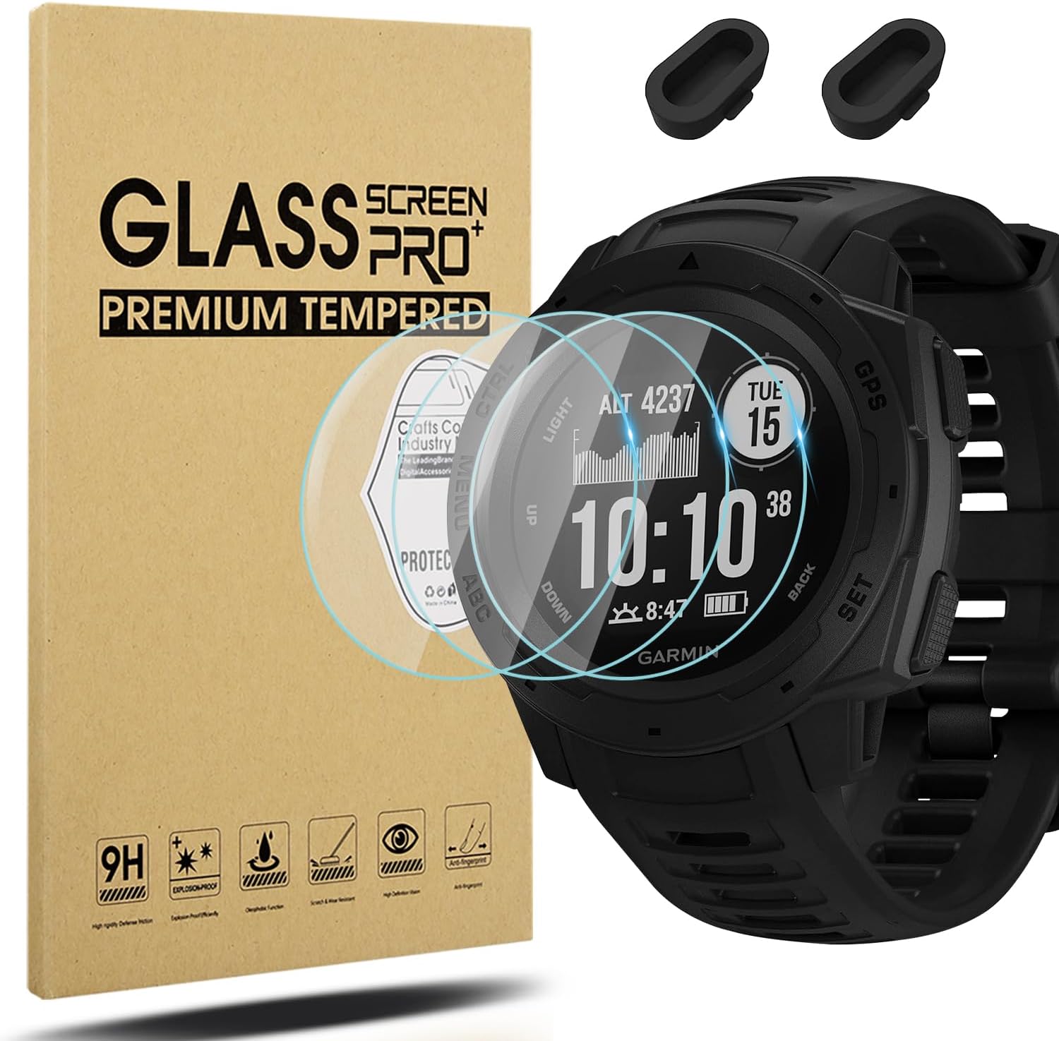 Suoman [3+2 Pack for Garmin Instinct/Instinct Solar Screen Protector, Anti-Dust Plugs+[2.5D 9H Hardness] Tempered Glass Screen Protective Film