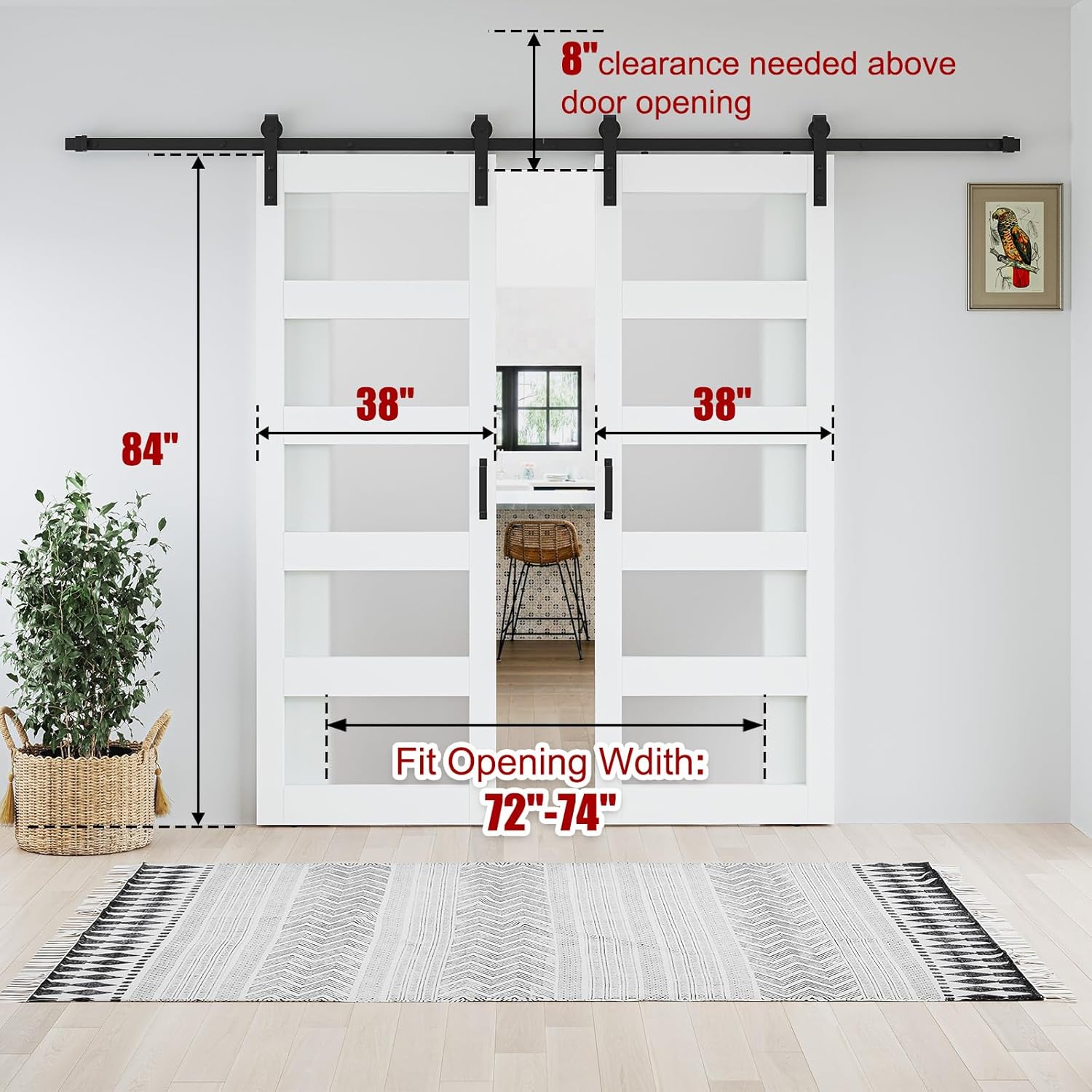 76 x 84 inch (Double 38x84 Door) Glass Barn Door with Sliding Hardware Kit,Fit 72-74in Wide Opening