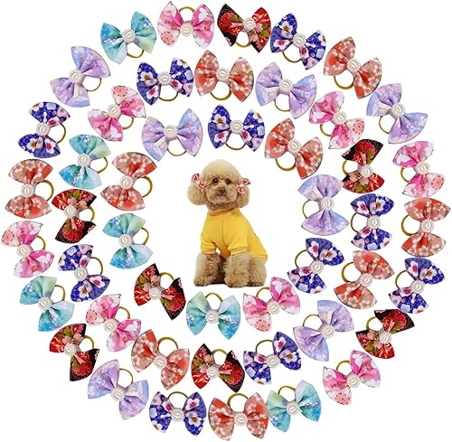 Wepetyo 30 lazos para perros, cachorros con bandas elásticas y perlas de diamantes de imitación, lindos accesorios de aseo para el pelo de perro