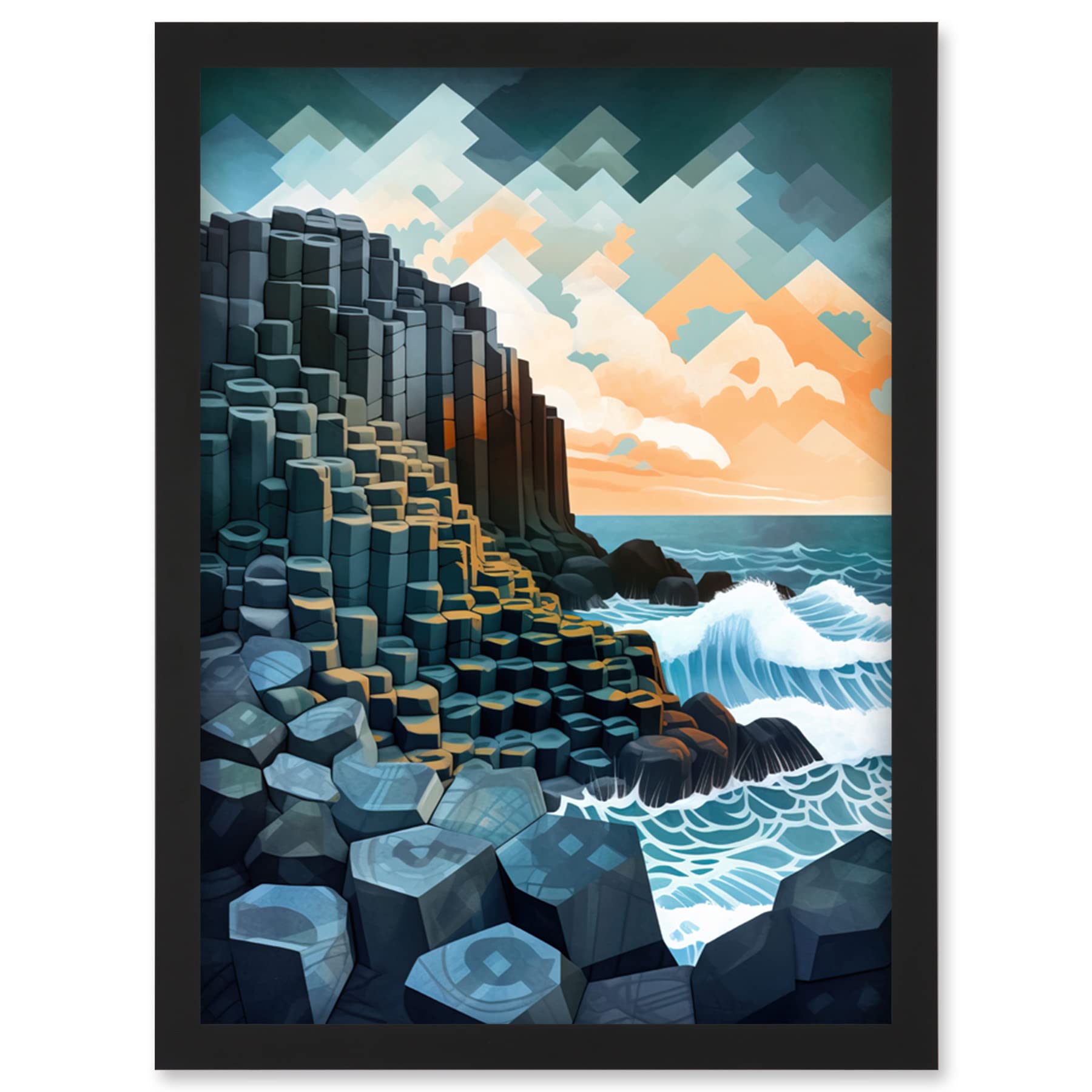Giant's Causeway Northern Ireland Basalt Formations Watercolour Painting - Framed Wall Art Print A4