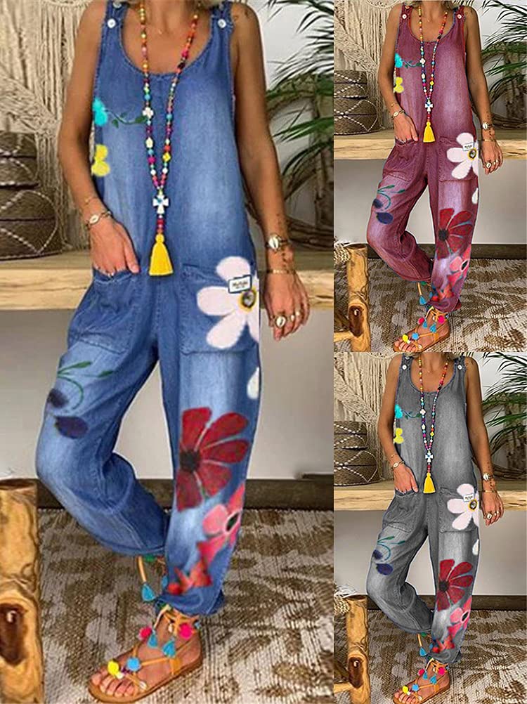ORANDESIGNE Salopette Larghe da Donna Senza Maniche Boho Tuta Bretelle Pantaloni Estivi a Fiori retrò Salopette in Denim Pantaloni Lunghi a Gamba Larga Pantaloni con Bretelle