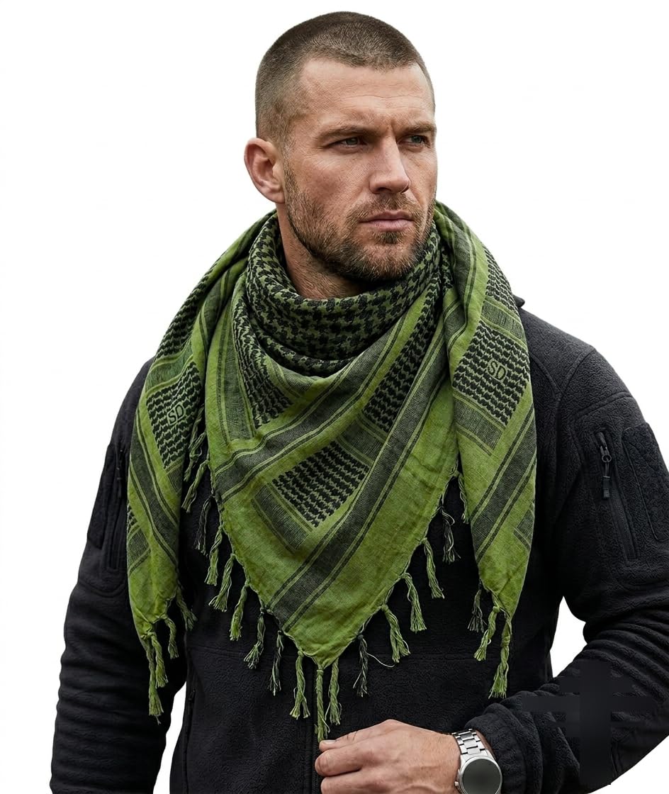 Army Style Afghani Patka for Men & Women | Olive Green Cotton Shemagh Scarf with Commando Print | 110 x 110 cm Multi-Purpose Tactical Neck Scarf for Outdoor, Trekking & Riding-picture-16