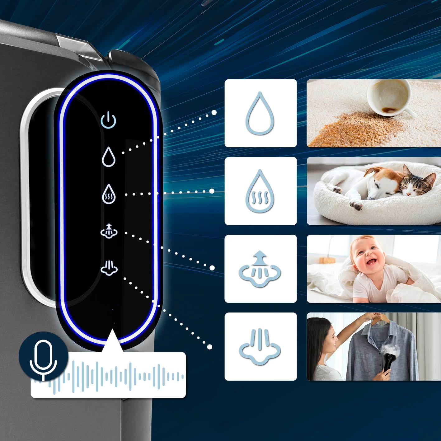 CLEANmaxx cleaner touchscreen display with icons for different cleaning modes and voice guide