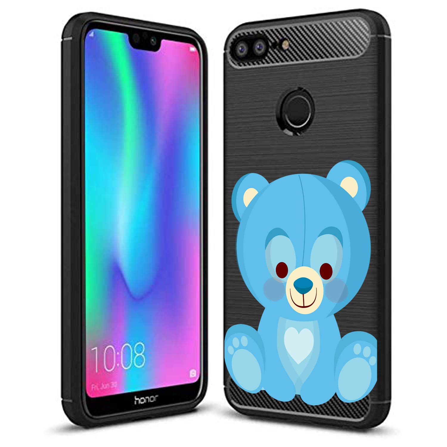 Nainz ''Teddy Bear'' Printed Rugged Armor Back Case Cover for Honor 9N Flexible Shockproof TPU Brushed Texture - [Black, Rubber]