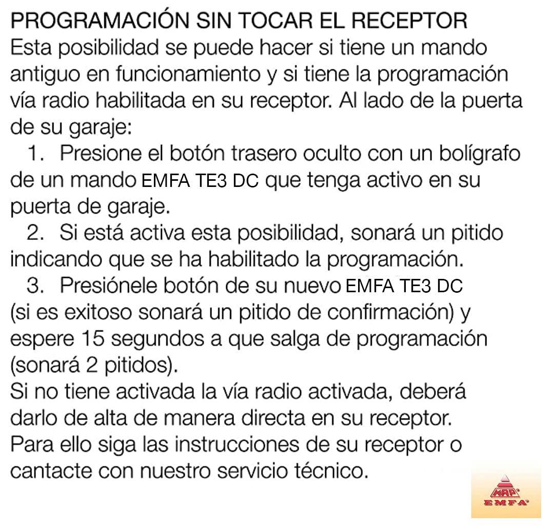 EMFA TE3 DC Mando Garaje Frecuencia 433 MHz Válido Puertas de Garaje EMFA MAP