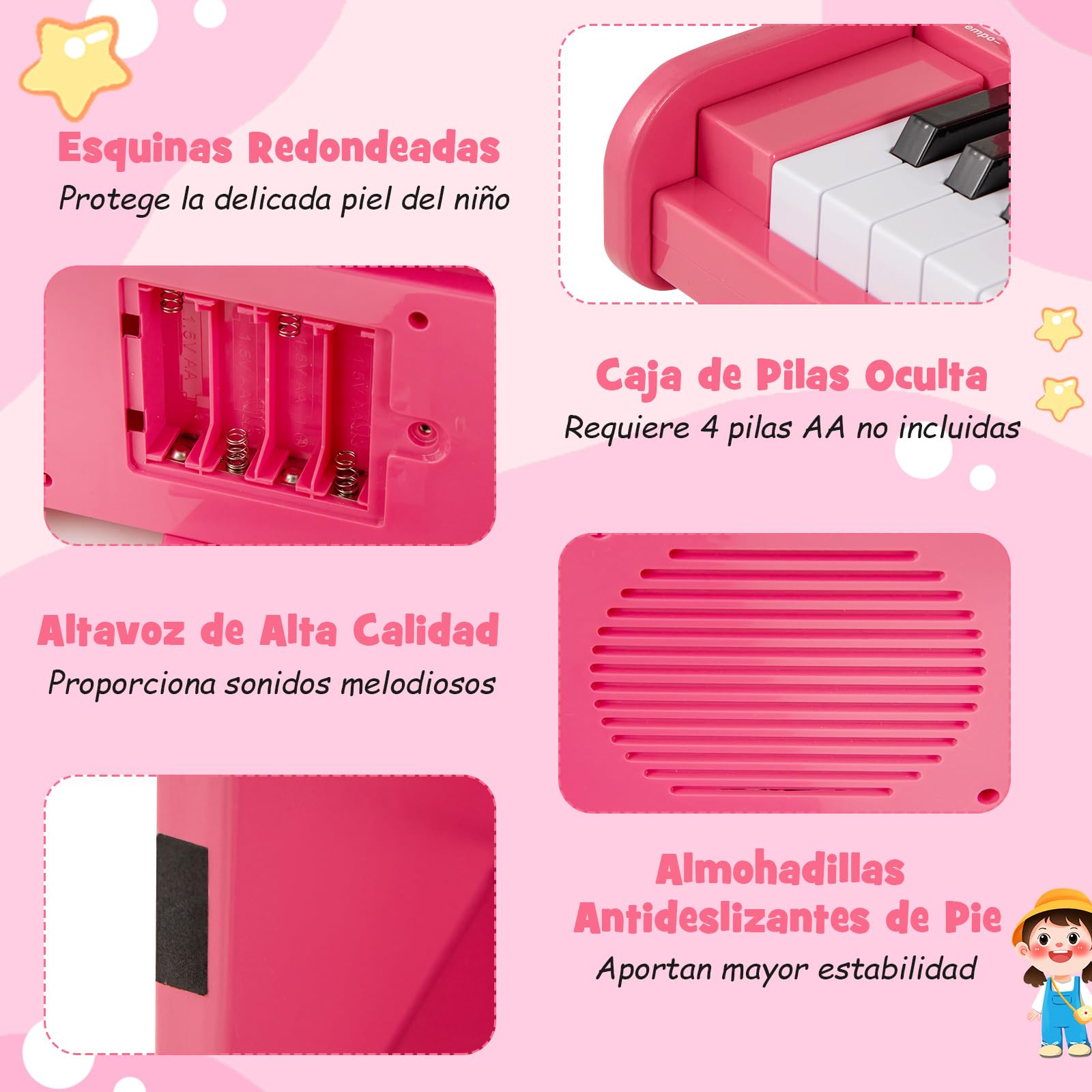 COSTWAY Piano Infantil de 25 Teclas, Organo Electronico Niños, Juguete Piano de Madera con Velocidad y Volumen Ajustables, Modo de Enseñanza, Atril, Instrumento Musical Infantil 3+ Años (Rosa)