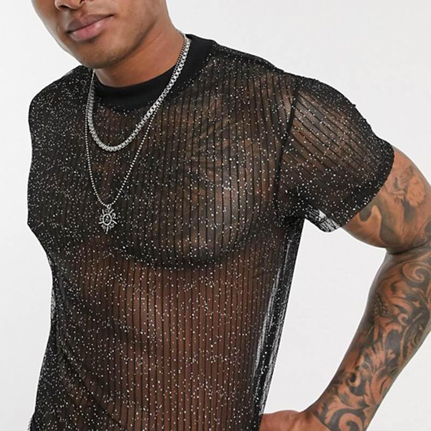 Evankin Mens Sexy Glitter Shirt Top See Through Lace Short Sleeve T-Shirt Sheer Mesh Undershirts to Show Muscle - Image 2