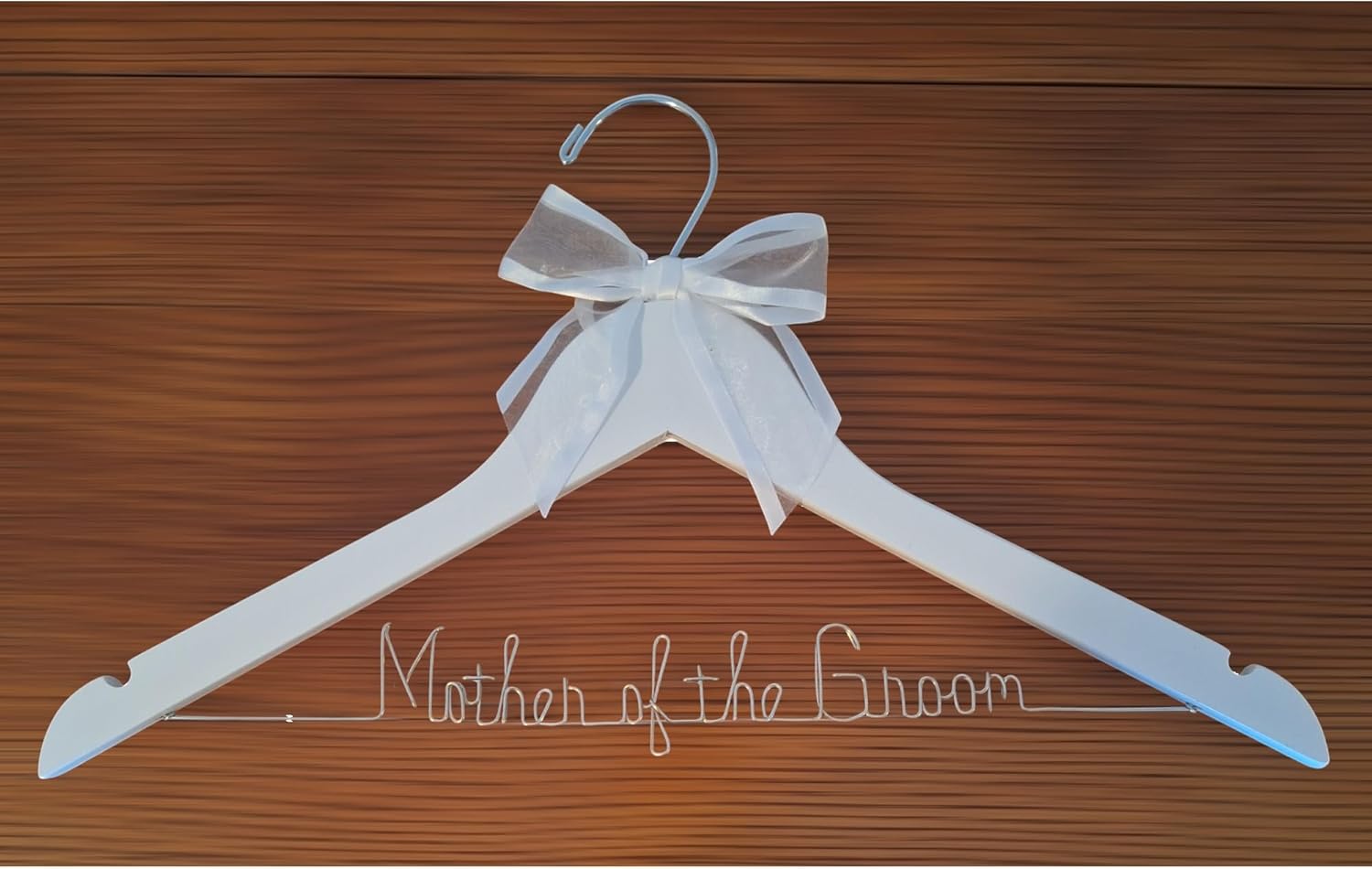 Mother of the Bride - Mother of the Groom Wedding Dress Hanger Silver or Gold Sturdy Wire, Quality Dark or White Wood Hanger with Notches - Your Choice of 10 Bow Colors Gift