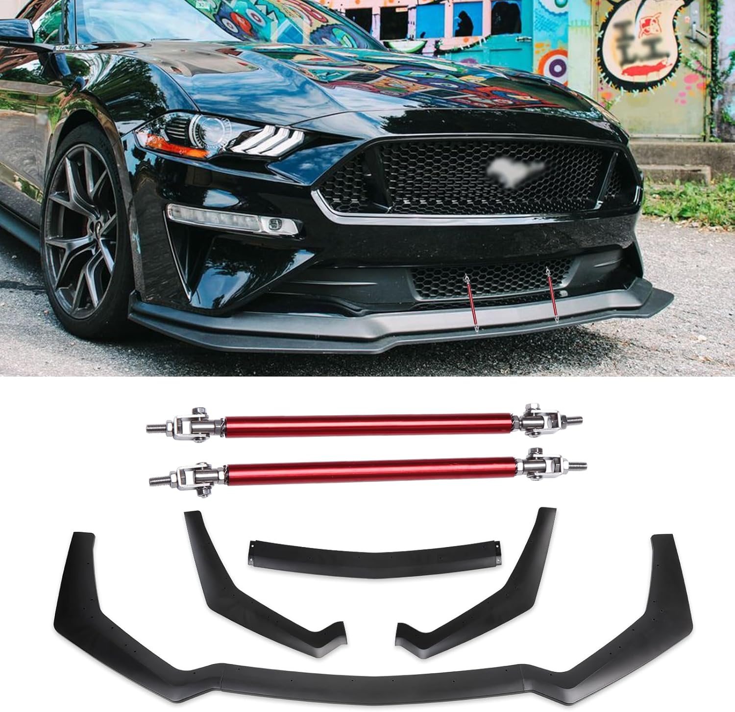 3PCS Matte Black Front Bumper Lip Chin Spoiler Splitter Diffuser Protector Body Kit with Adjustable 10"-13" Red Support Rod Compatible with 2018-2022 Ford Mustang Ecoboost GT V8 With Adjustable 10"-13" Red Support Rods