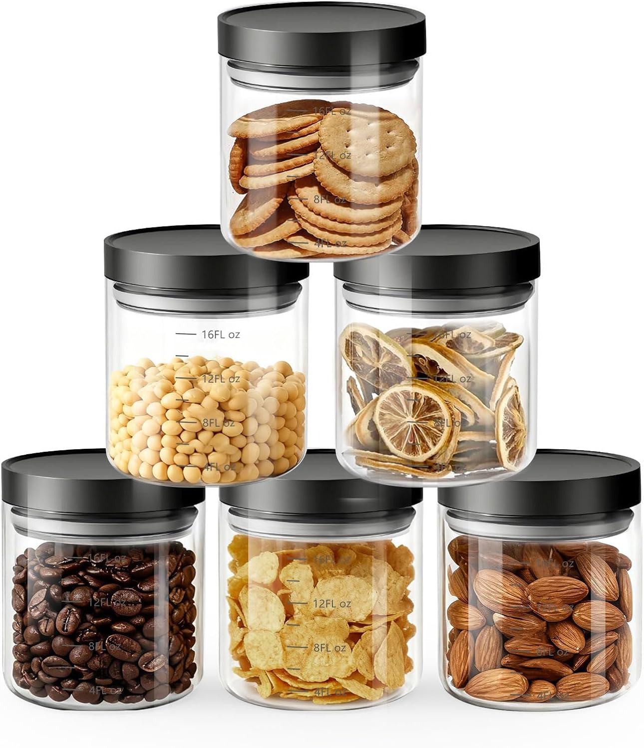 Set of 6 18oz Airtight Glass Canisters for Kitchen & Pantry Storage