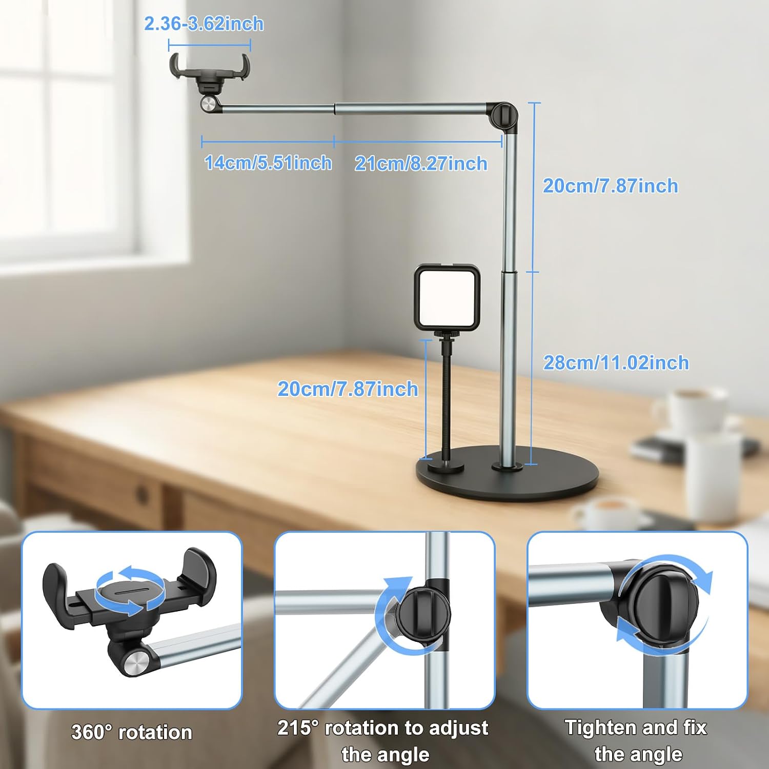 Overhead Phone Mount with Rechargeable & Gooseneck Light for Cooking Videos, Adjustable Desk Stand for Content Creators, Tripod for Hands-Free Video Recording, Compatible with Smart Phones