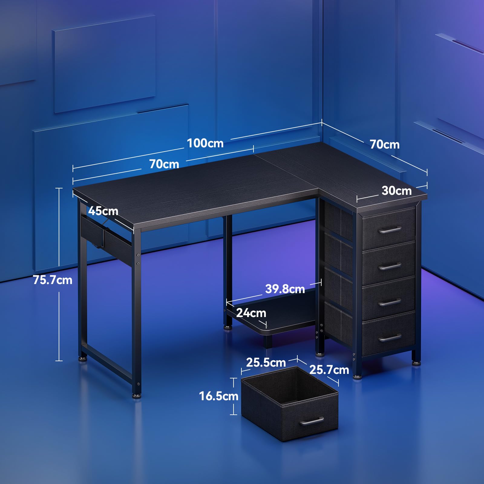 Coleshome Bureau d'angle avec 4 tiroirs, 100x70cm Bureau Gaming, Table Gaming réversibles pour Le Travail à Domicile, Noir