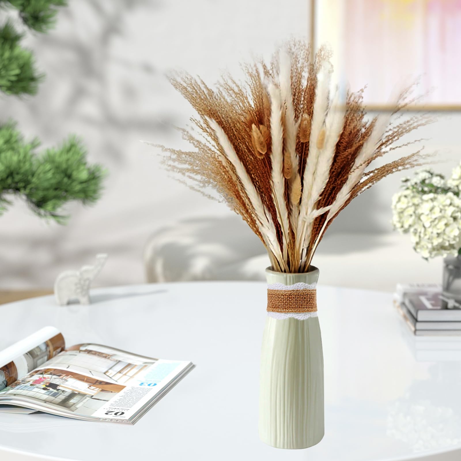 Pampasgras mit Vase – 41 Stück Pampasgras Deko, 42cm Natur Trockenblumen mit Vase, Getrocknete Blumen in Braun & Weiß, Boho Deko für Hochzeit, Wohnzimmer, Tisch & Heim Dekoration Küche, Haushalt