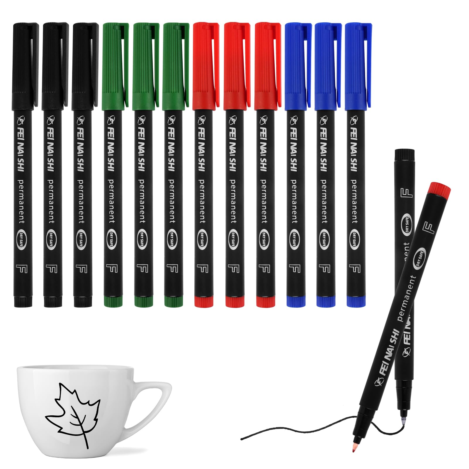 12 Pcs Permanent Marker Pens, 0.6mm Fine Tip Markers, Quick Drying & Waterproof Fineliner Pens, Felt Tip Pen for Doodling & Marking on Plastic Wood Metal Glass Ceramic Paper(4 Colors)
