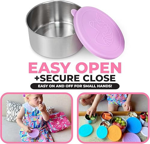 Miniatura 2 de kinsho Cajas de aperitivos de acero inoxidable con tapas de silicona para niños, contenedores de lonchera para niñas y niños pequeños, sin derrames