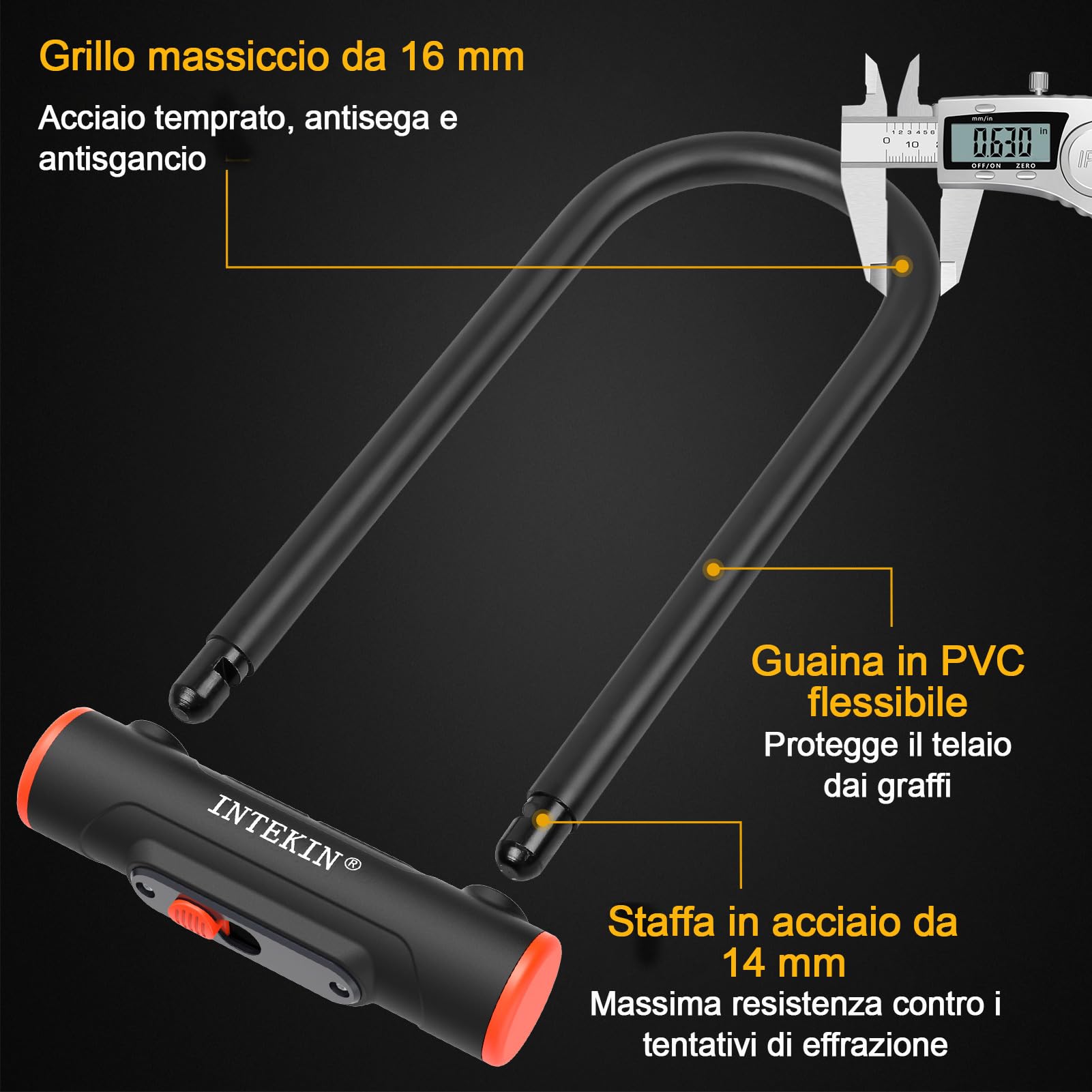 Lucchetto a U per biciclette e moto ad alta sicurezza, 16mm Staffa, Lucchetto per Bicicletta con supporto, arco rinforzato, 3 chiavi, serratura a U per moto, e-bike, mountain bike, scooter