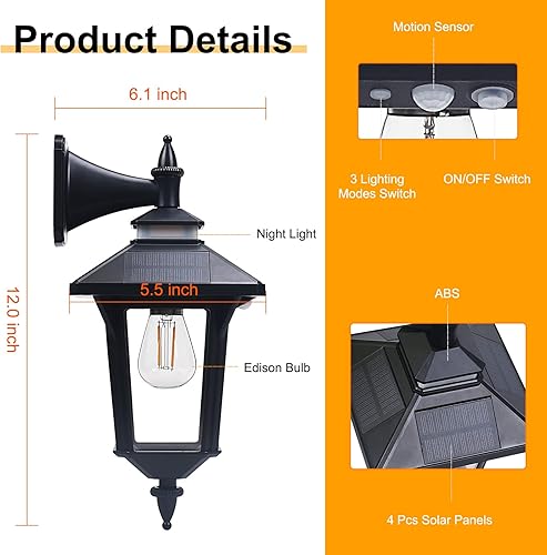 Miniatura 6 de Kuniwa Luces solares de pared con sensor de movimiento para exteriores con 3 modos de iluminación, aplique de pared LED del atardecer al amanecer,