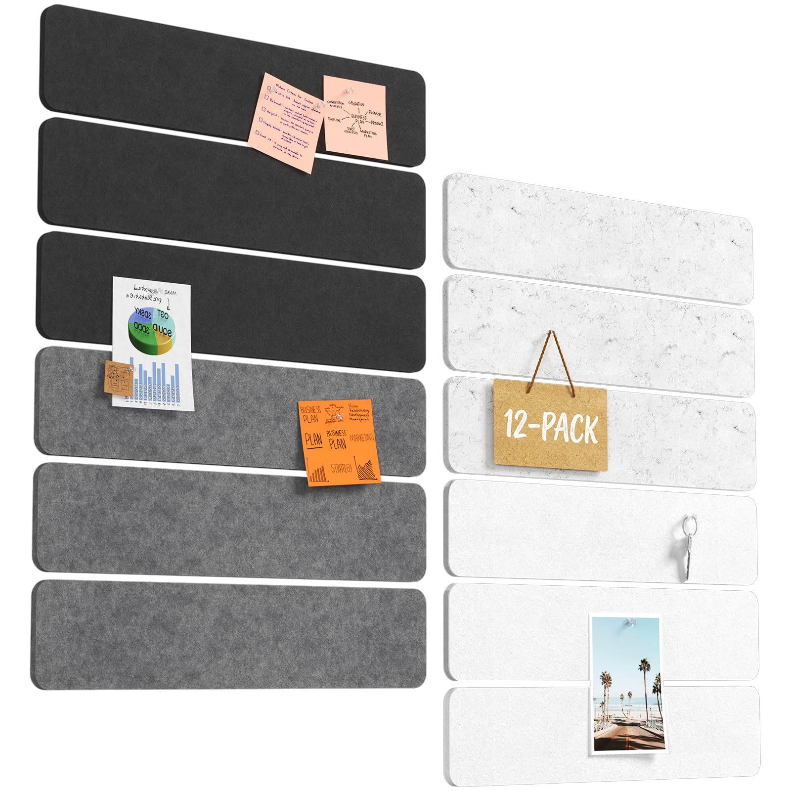 Lifewit Bulletin Board with 80 Pin Set, 12-Pack Cork Board Alternative Felt Strip Board, 45x10 cm, 4-Color Set, Full Self-Adhesive Wall Panel for Decor, for Office, Dorm, Home, Denim Mist