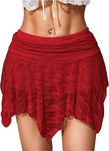 MakeMeChic Women's Flowy Lace Mini Skirt Asymmetrical Ruffle Rave Skirts