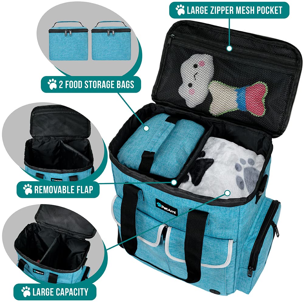 PetAmi Bolsa de viaje para perros, suministros para mascotas, organizador de accesorios para viajes, camping, fin de semana; el kit de bolsa de viaje para mascotas incluye 2 recipientes de