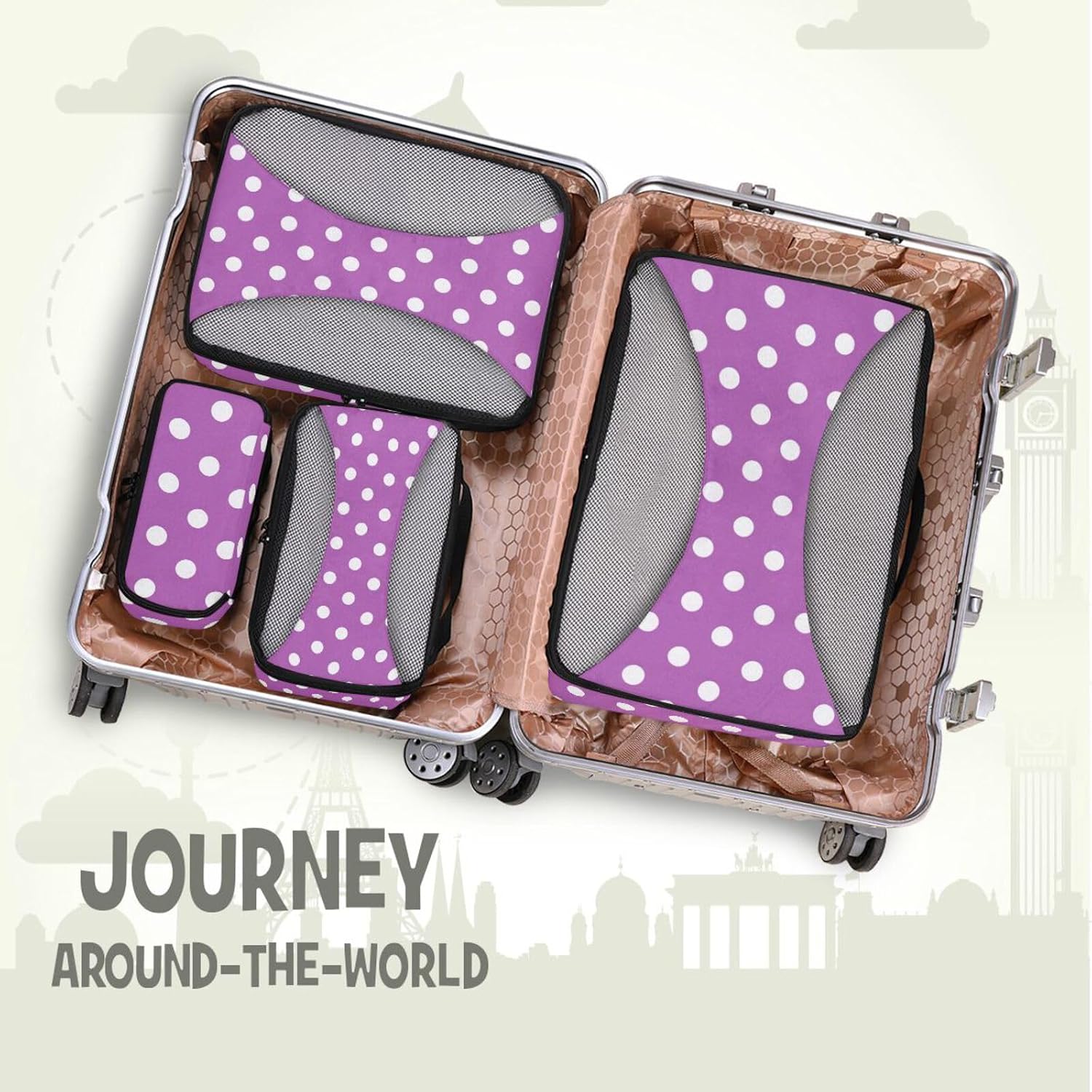 White Irregular Dots 4 Pcs set organizer bags for Mesh Travel Essentials lightweight packing cubes