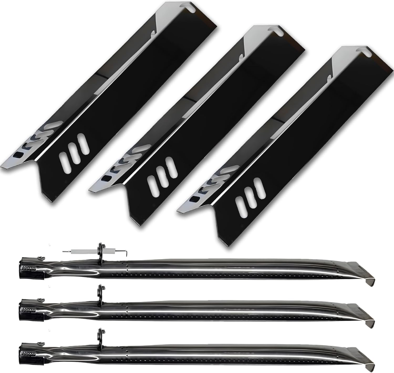 Set of Three Porcelain Steel Replacement Heat Plates and Stainless Steel Burners for Master Cook 3 Burner Grill Model