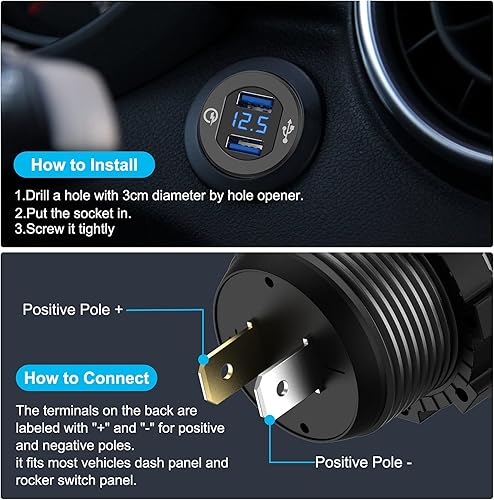 Miniatura 5 de Cargador USB dual 3.0 de carga rápida, toma de corriente de aluminio de carga rápida, con voltímetro digital LED y fusible de cable, para coche de