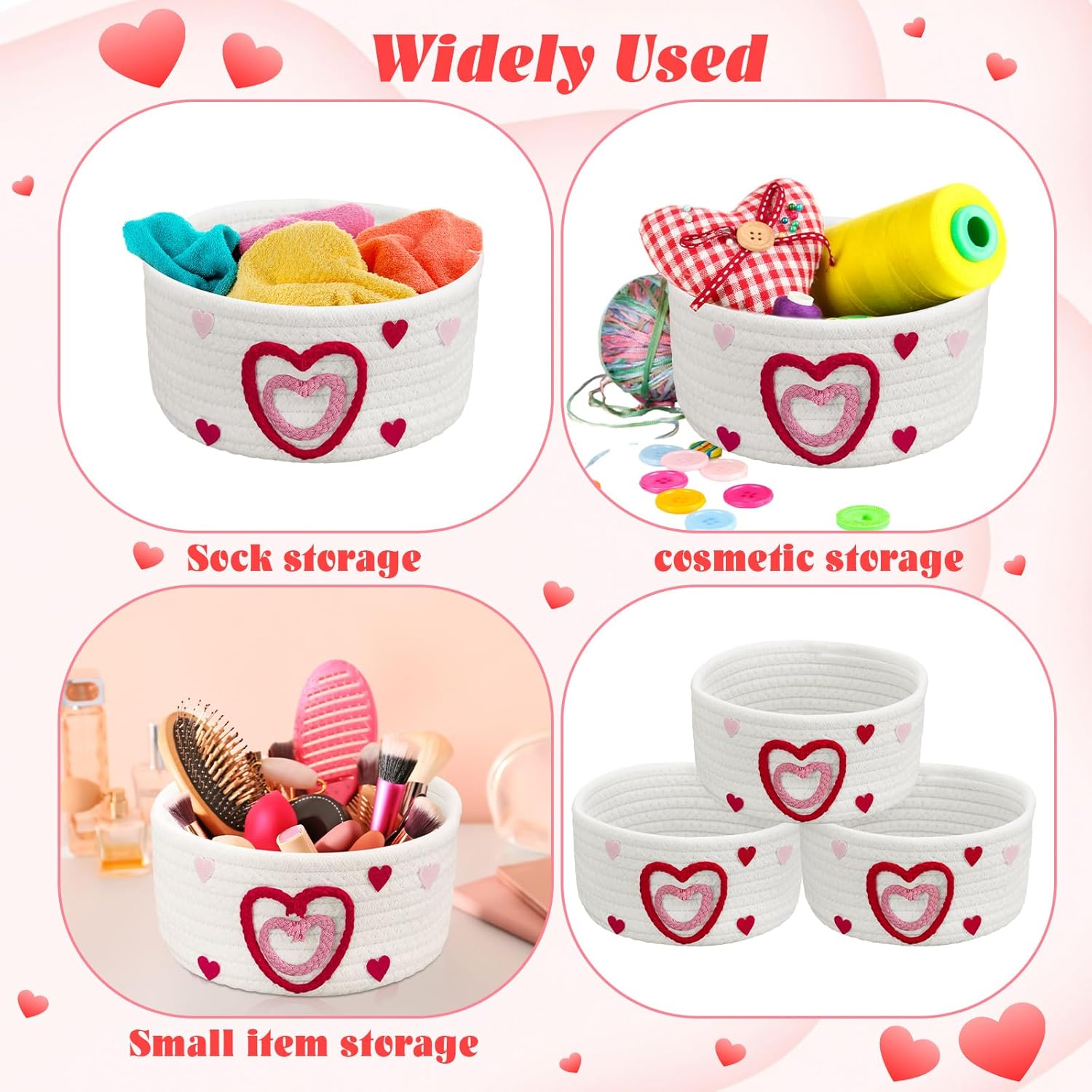 Meanplan 3 Pcs Galentine's Day Gifts Heart Baskets, Red Pink Heart Woven Cotton Rope Basket Stuffers Storage for Best Friend Valentine's Day Birthday Gifts, 7.09 x 7.09 x 3.15 Inch