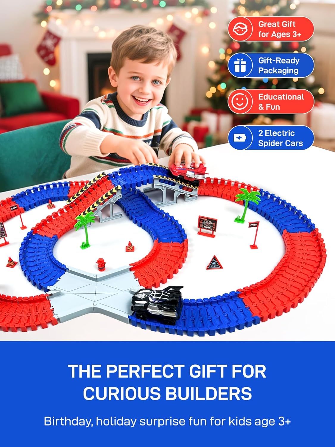 Spider Toys for Ages 5-7, Spider Race Track with 2 pcs Spider Cars Toys for 3 4 5 6 Year old Boys Girls DIY Flexible Tracks Playset Creative STEM Building Car Tracks for Kids Age 3-5 6-8 Birthday Gift