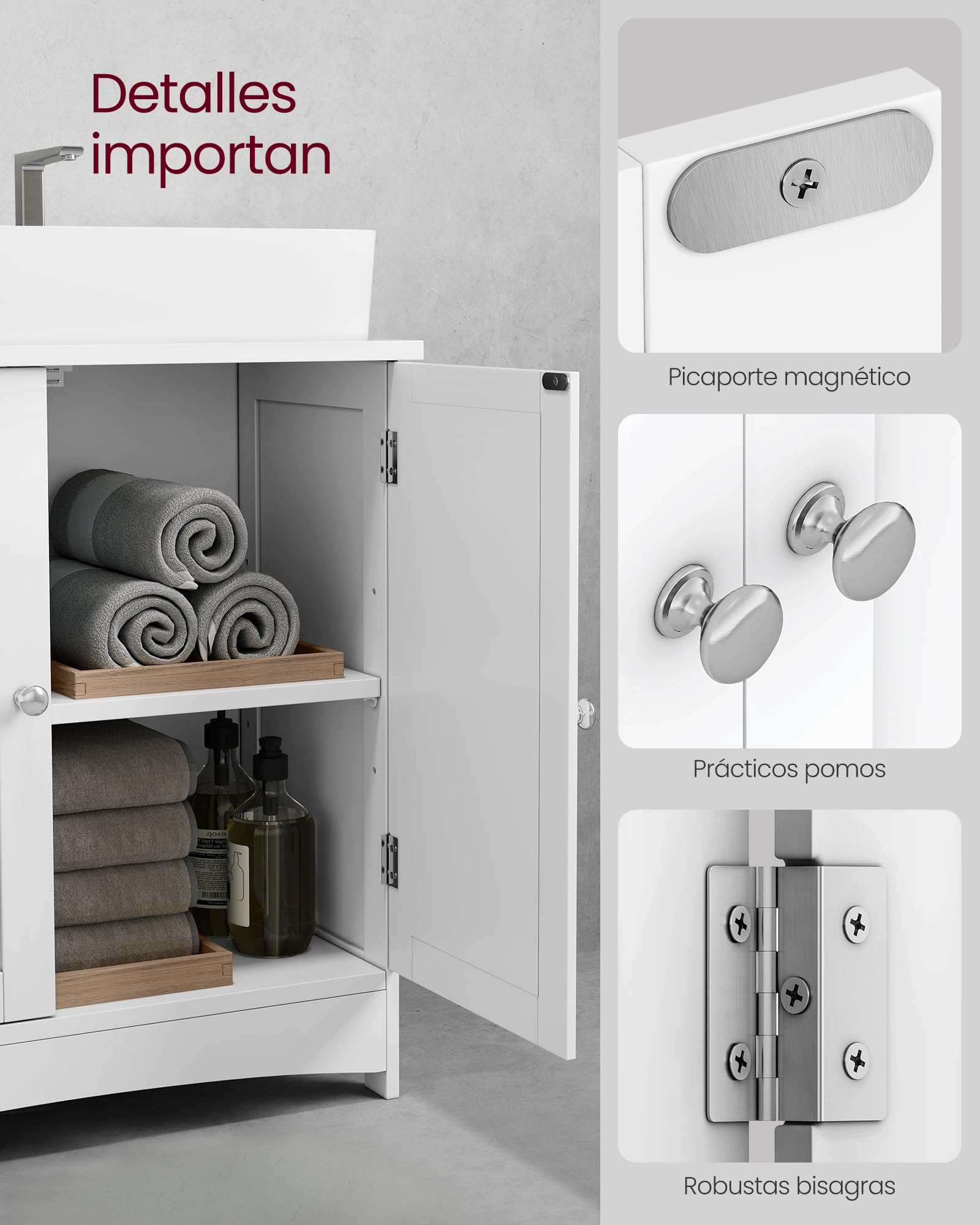 VASAGLE Mobiletto Sottolavandino Armadietto Sottolavabo Scaffale per Il Bagno con 2 Ante 2 Scompartimenti Ripiani Regolabili a Prova di umidità 60 x 30 x 60 cm Bianco BBC01WT