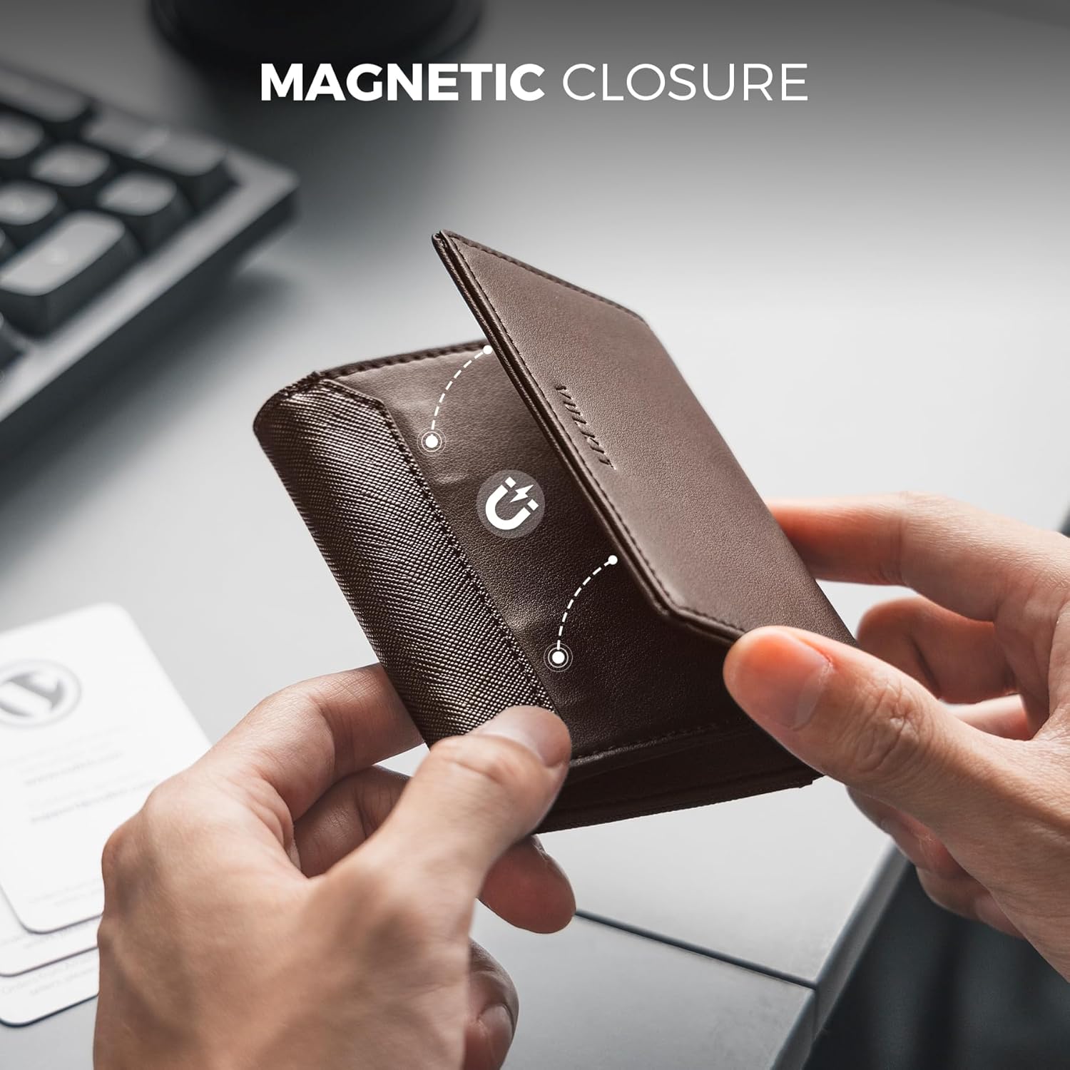 VULKIT Business Card Holder Premium Leather RFID Blocking Card Case With ID Window Magnetic Closure Holds Up to 40 Business Cards - Image 4