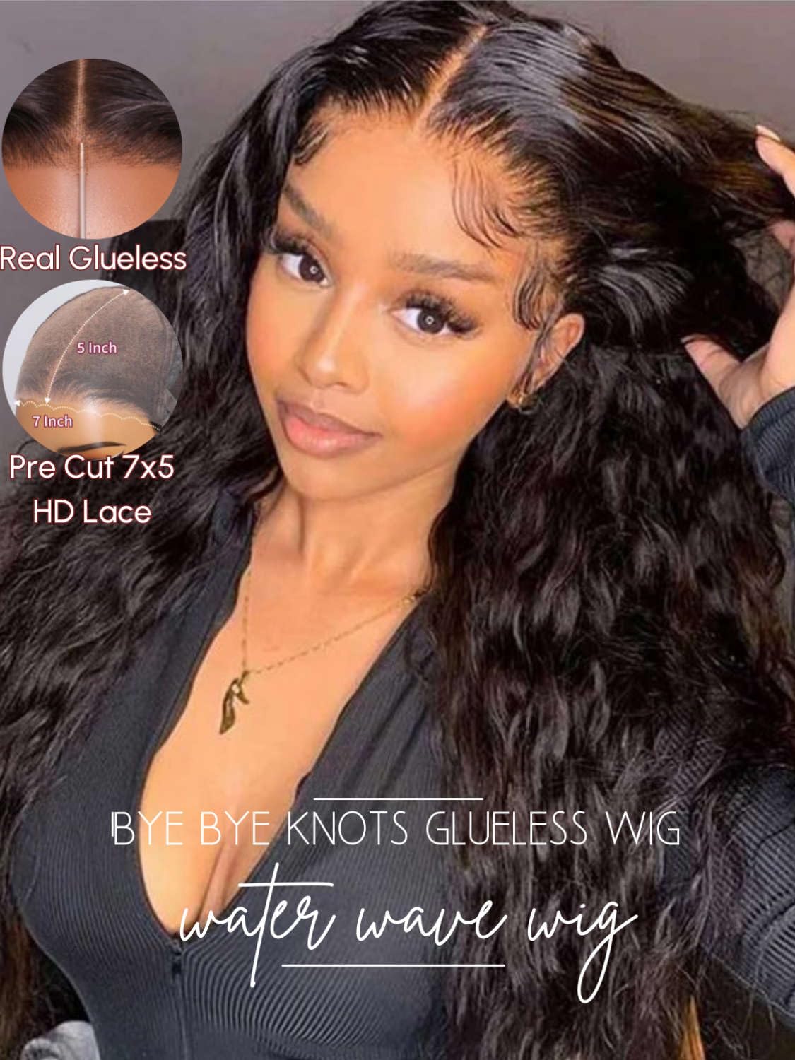 Beauty Forever Bye Bye Knots 7x5 Water Wave Glueless Human Hair Wig with Invisible Knots Pre-Cut Lace Pre-Plucked Wear and Go Wig 180% Density Natural Color 20inch