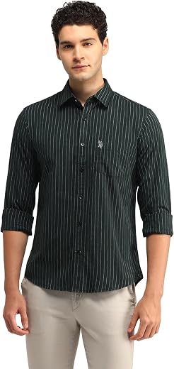 U.S. Polo ASSN. Men's Green Striped Spread Collar Full Sleeve Casual Cotton Tailored Fit Shirt