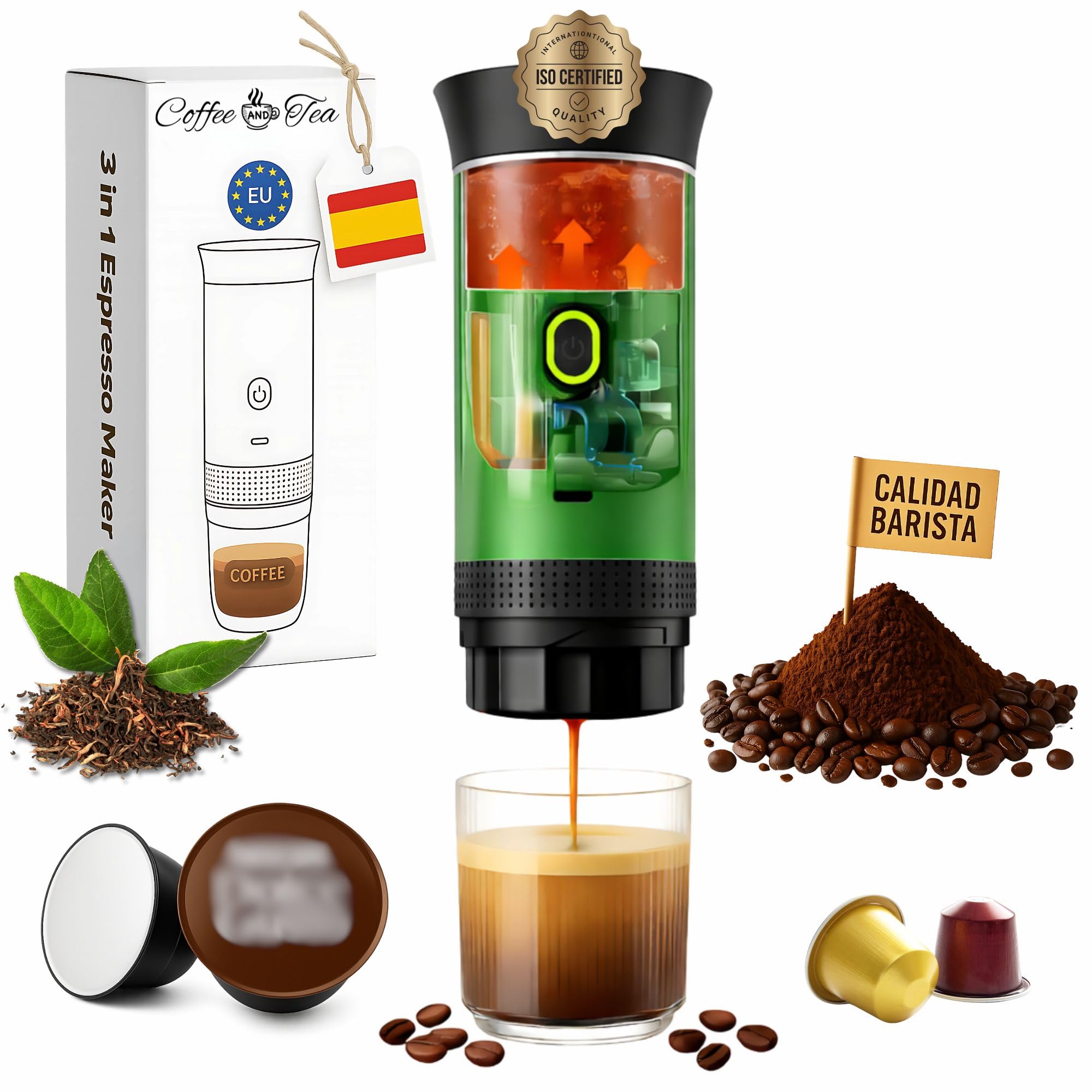 Cafetera Portatil Capsulas, Cafetera Multicapsulas y Molido, Maquina de Cafe, Cafetera Capsulas Portatil, Calienta Agua Batería Recargable USB, Ideal Viajes, Camping y Oficina (Verde)