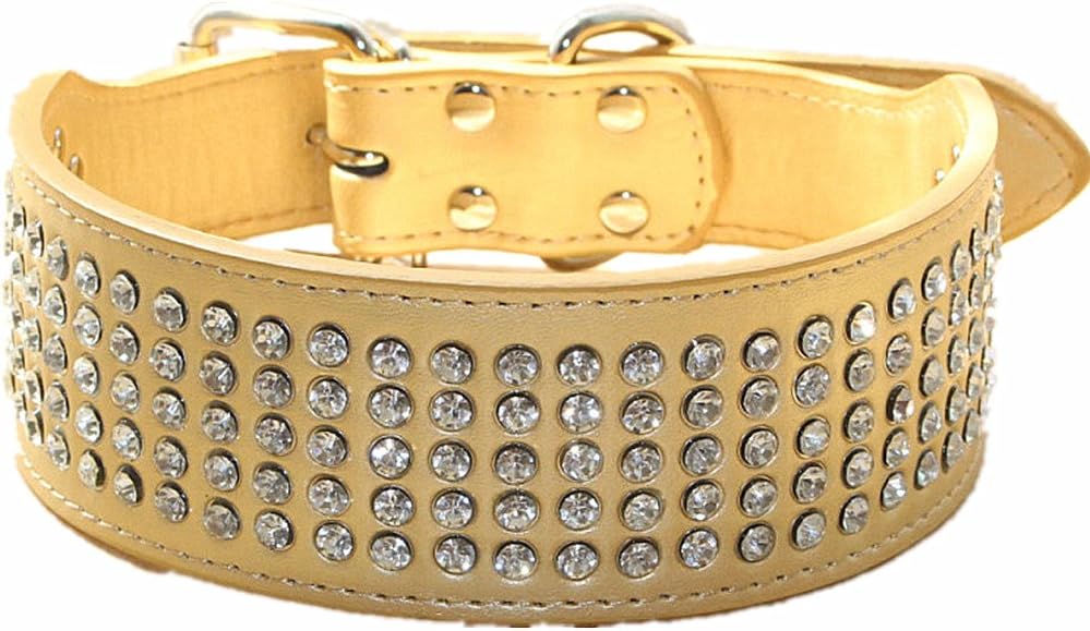 Rhinestones Dog Collars 5 cm Width 5 Rows Full Sparkly Crystal Diamonds Dazzling Sparkling Elegant Fancy PU Leather Dog Collar for Medium & Large Dogs(Gold,L)