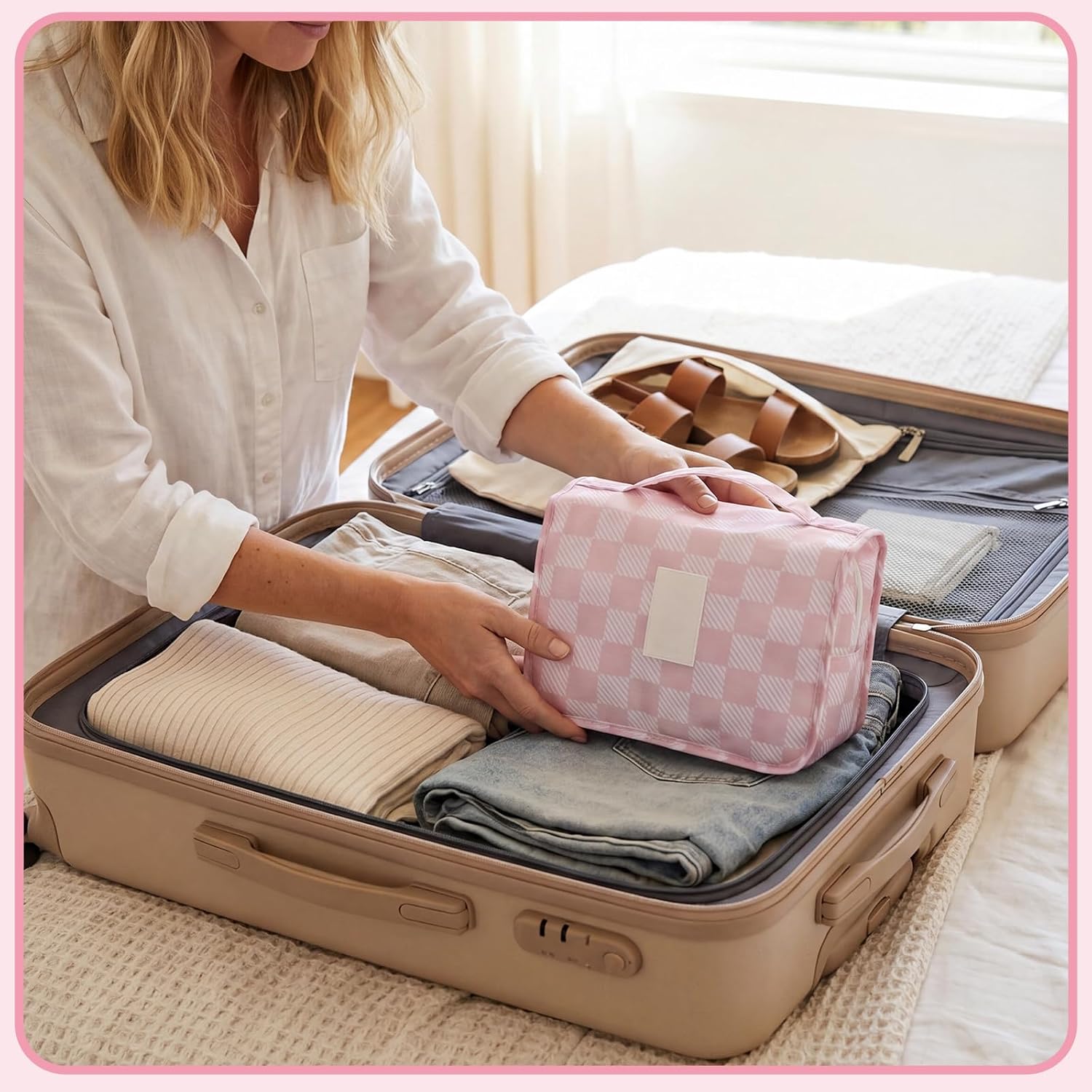 Pengxiaomei Toiletry Bag for Women, Pink Waterproof Hanging Cosmetic Bag Portable Makeup Pouch Multifunction Handle Travel Toiletry Bag for Teen Girl Gifts