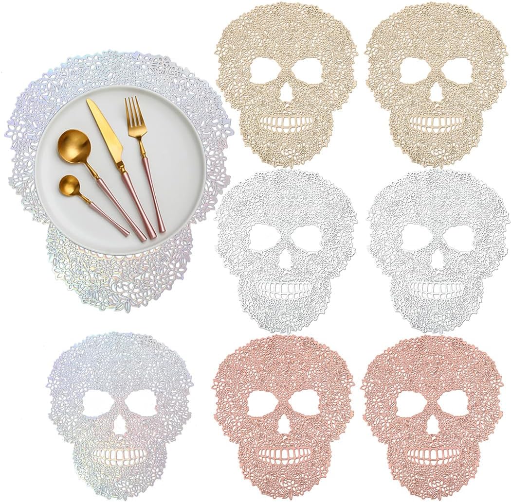 Hollow Out Skull Shape Placemats Pressed Vinyl Metallic Placemats Set of 6 Pcs, Heat Resistant Table Mats for Party Halloween Dinner Table Decorations, Style B Mixed Color