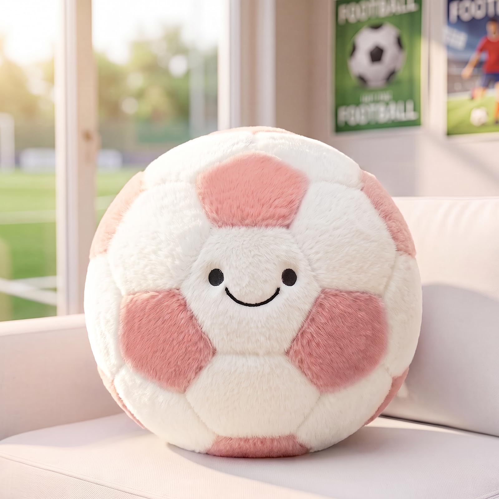 shownicer Fußball Zierkissen Flauschiges Football Dekokissen Rosa 25cm | Kissen Fussball Geschenke Fussball Runder mit Feiner Stickerei Wohnzimmer Zimmer Fußball Deko