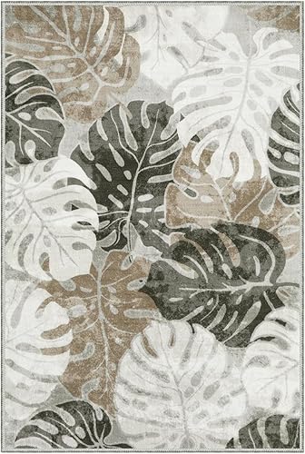 Miniatura 8 de Lanffia Alfombra de área con hojas de 2 x 3 pies, color caqui, lavable, tamaño pequeño, de lana sintética, alfombra de baño Monstera, alfombra de