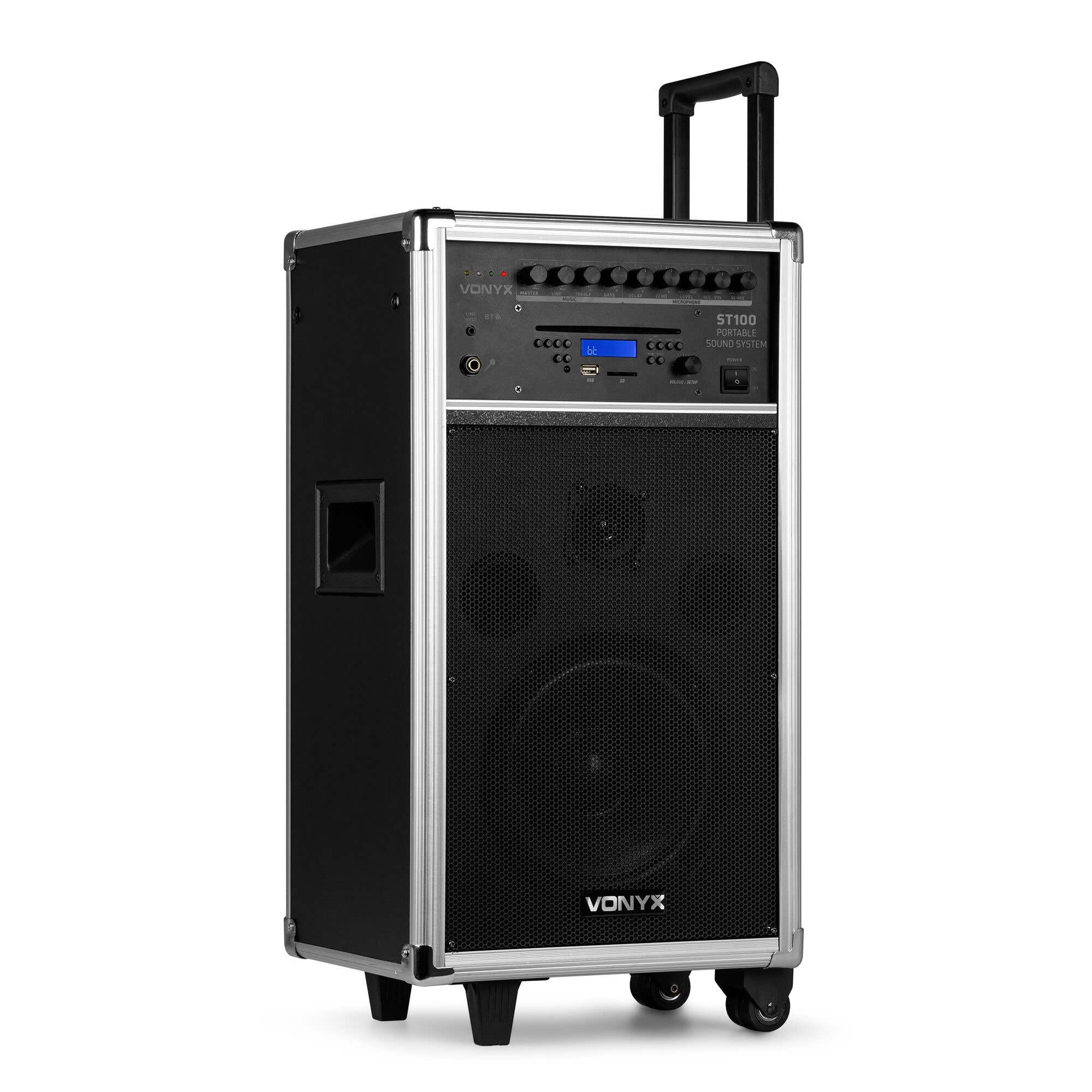 Vonyx ST100 Mobiler Akkulautsprecher mit 2 drahtlosen UHF-Mikrofonen, 1 kabelgebundenem Mikrofon, Bluetooth, USB- und SD-Anschluss, CD-Player und Fernbedienung