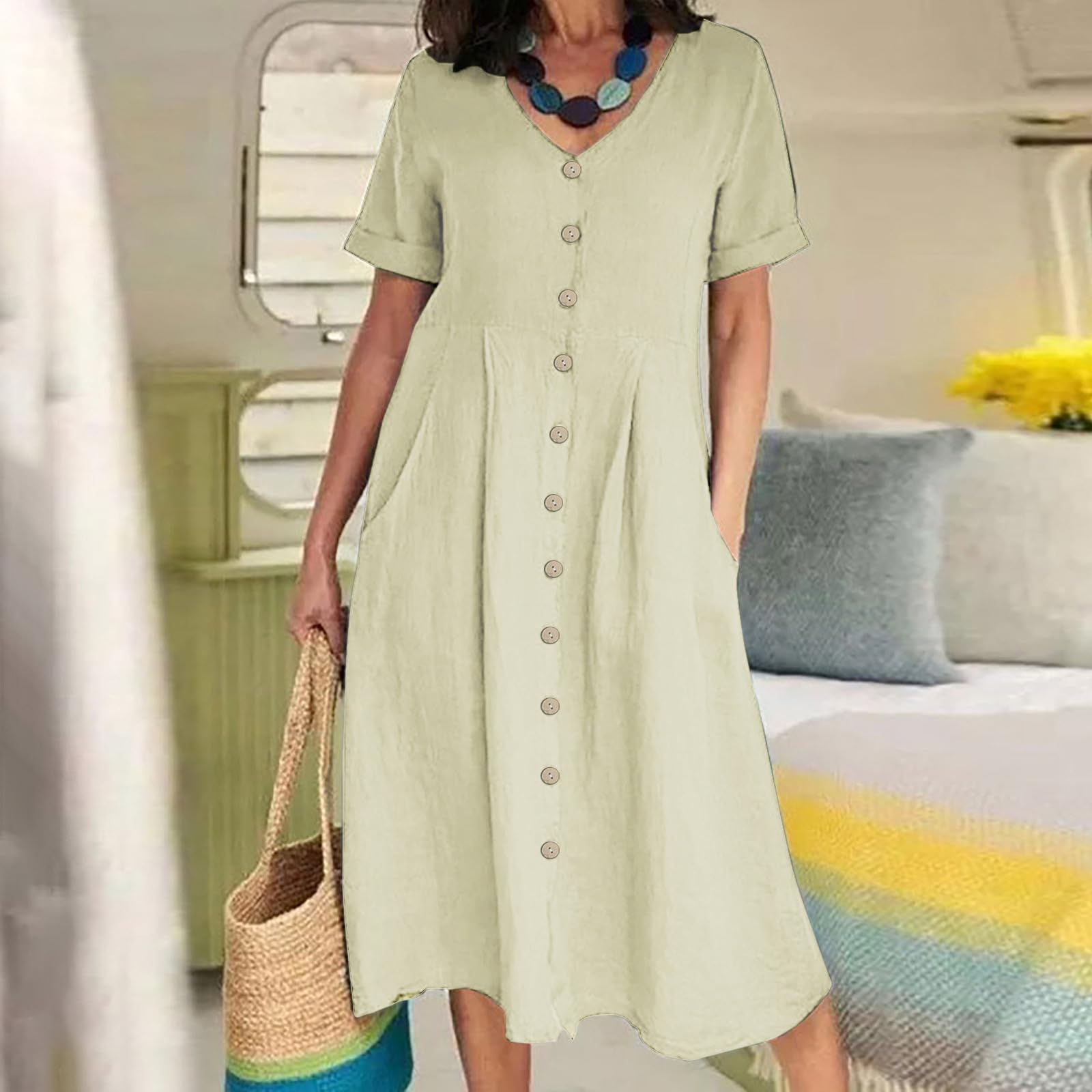Abiti Estivi da Donna, Abito Casual Midi, Camicia A Maniche Corte, Scollo A V, Bottoni, Svasato, Tunica A Trapezio, Camicette Comode con Tasche.