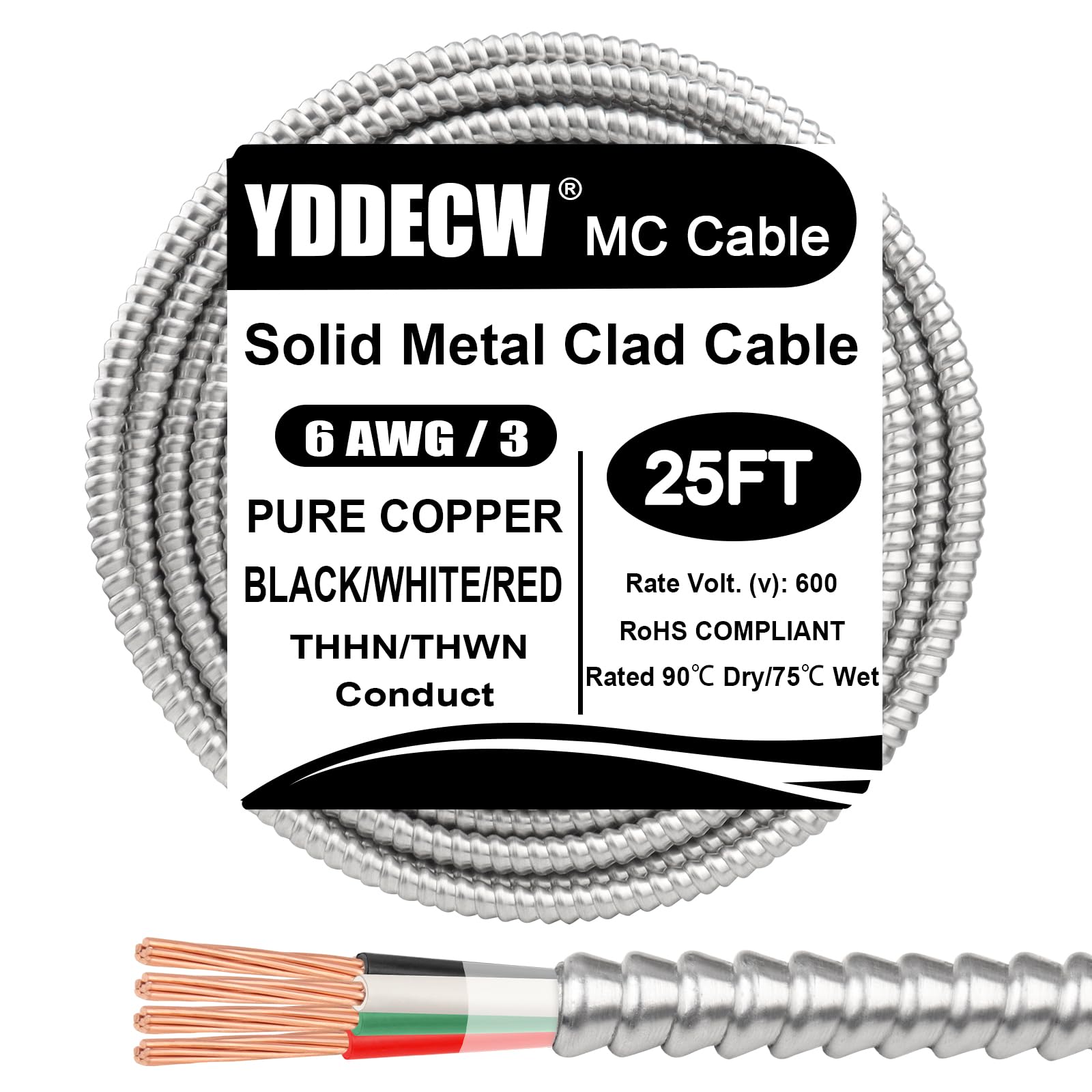 25ft 6/3 Metal Clad (MC) Cable with Ground, 6 Gauge Electric Wire with Aluminum Armor, Solid Bare Copper Conductors for Indoor Outdoor Underground Embedded Installation (6/3, 25 ft)