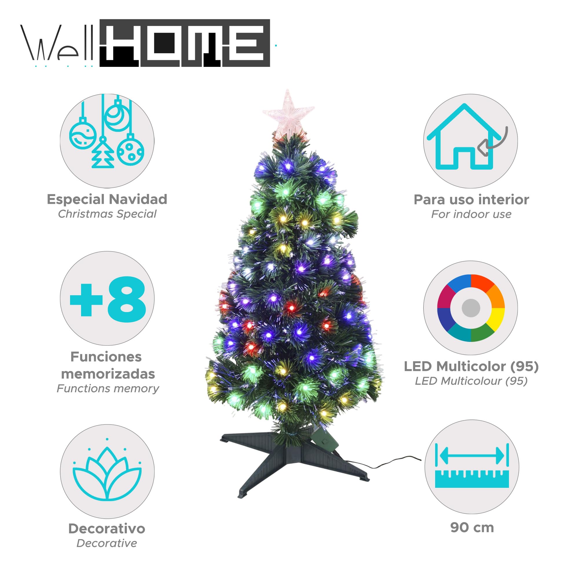 Well Home Árbol de Navidad de Fibra óptica con 95 Luces LED RGB y 8 Funciones de Color H.90cm