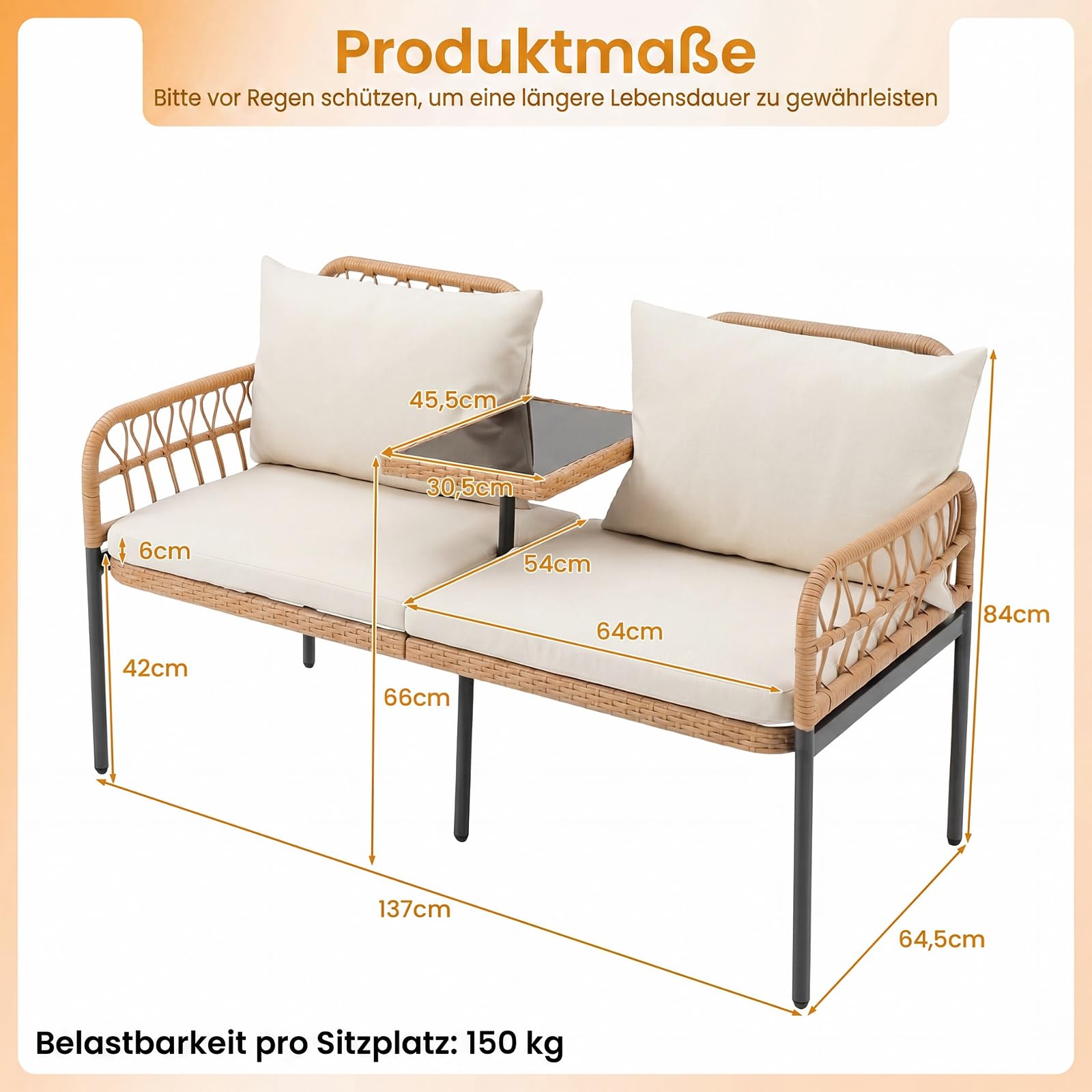 COSTWAY Gartenbank mit Tisch, Polyrattan Bank mit Kissen, 2-Sitzer Sitzbank, Balkonbank, Balkonmöbel, Sitzgruppe für Balkon, Garten, Terrasse, 137 x 64 x 84 cm