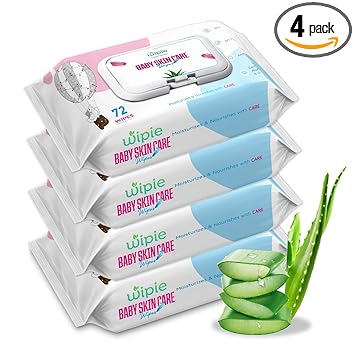 WIPIE Cleansing Baby Wipes With Lid, Enriched with Aloe vera & Vitamin E, Paraben Free, pH Balanced, Super Thick Wipes, 72 Count (Pack of 4)