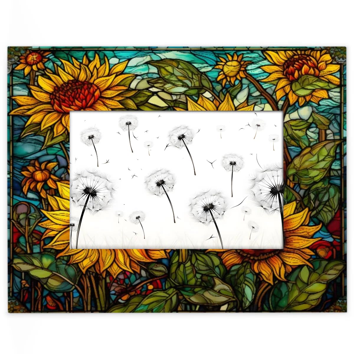 XMNYGJ 5x7 Picture Frame Stained Glass Sunflowers Photo Frame Horizontal Wooden Rustic Desktop Photos Frames for Wall Mount and Tabletop Hanging