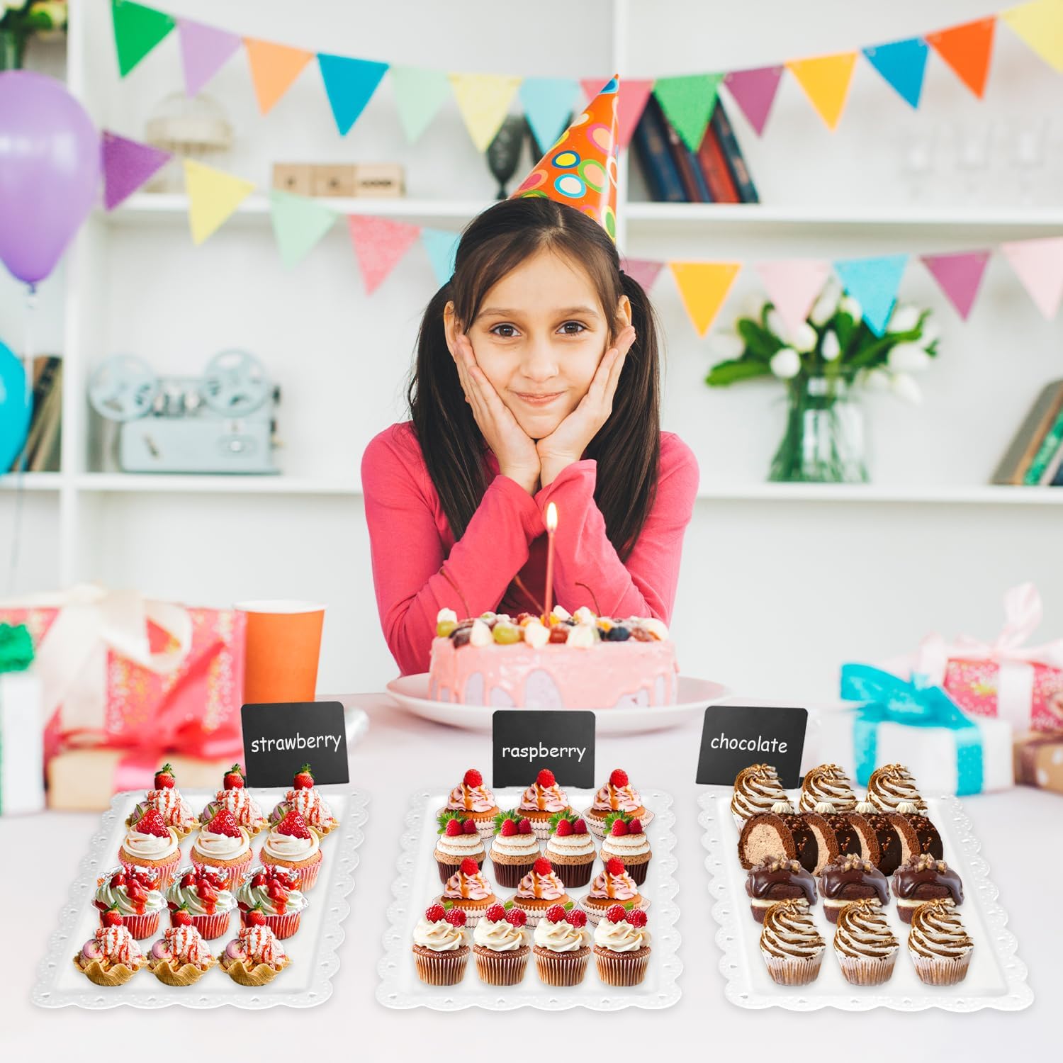 27 Pcs Cake Stand, Dessert Table Display Set, 4 Pcs Tiered Cupcake Stand 5Pcs Chalkboard Signs 6Pcs Serving Tray 10Pcs Baking Paper and 2 Tongs for Tea Party Baby Shower Birthday (L-Shape Set)
