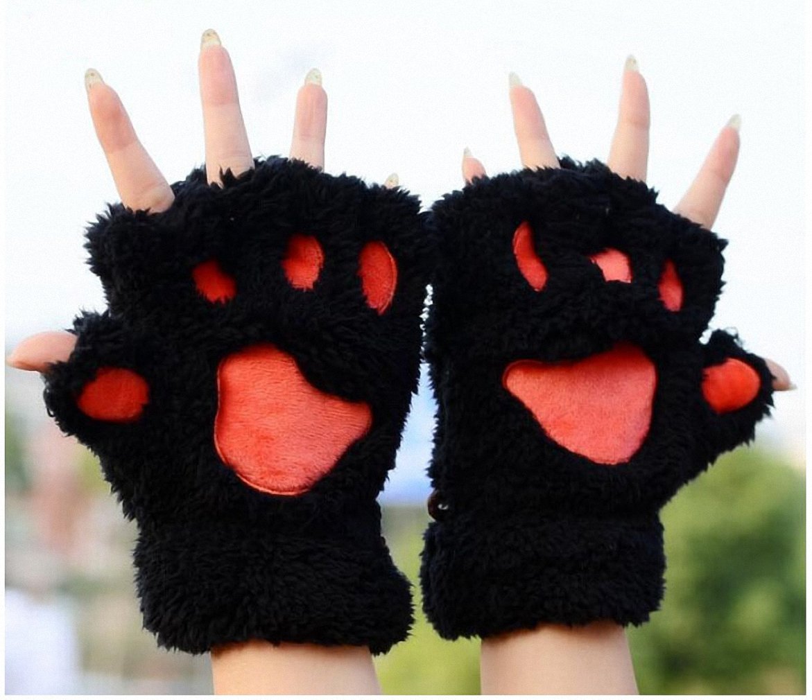 Hiuwa Ladies Winter Fingerless Gloves Fluffy Bear Cat Plush Paw Claw Half Finger Glove Half Cover Women Female Gloves Mitten Black